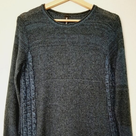 ONYX Cable Knit Sides Crewneck Sweater Rounded Hem Soft Top Marled Blue Sz M - Picture 2 of 14
